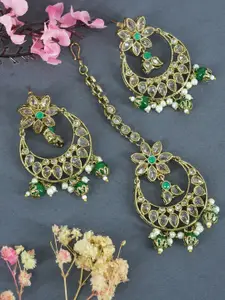 GRIIHAM Gold-Plated Contemporary Chandbalis Earrings With Maang Tikka