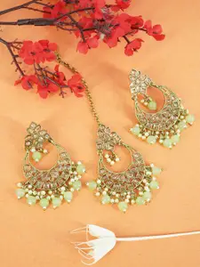 GRIIHAM Gold-Plated Kundan Maang Tika and Earrings