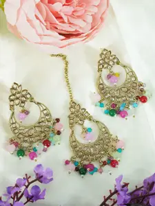 GRIIHAM Gold-Plated Kundan Maang Tika and Earrings