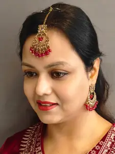 GRIIHAM Gold-Plated Kundan Maang Tika and Earrings