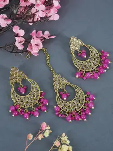 GRIIHAM Gold-Plated Contemporary Chandbalis Earrings With Maang Tikka
