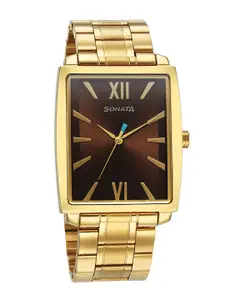 Sonata Men Brass Dial & Stainless Steel Style Straps Analogue Watch 7143YM02
