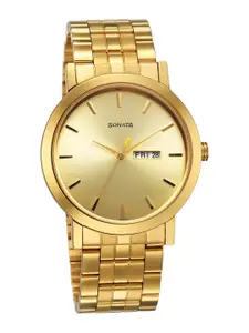 Sonata Men Brass Dial & Stainless Steel Bracelet Style Straps Analogue Watch 77108YM07