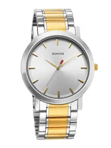 Sonata Men Brass Dial & Stainless Steel Bracelet Style Straps Analogue Watch 77108BM04