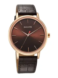 Sonata Men Brass Dial & Leather Straps Analogue Watch 7131WL05