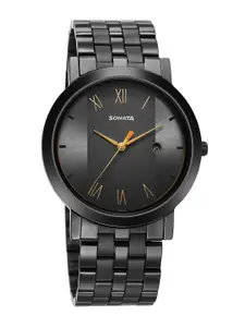 Sonata Men Brass Dial & Stainless Steel Style Straps Analogue Watch 77108NM01