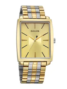 Sonata Men Yellow Brass Dial & Stainless Steel Style Straps Analogue Watch 7143BM02