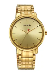 Sonata Men Brass Dial & Steel Straps Analogue Watch 7131YM01