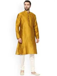 KISAH Men Yellow & Cream-Coloured Self Design Kurta with Pyjamas