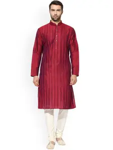 KISAH Men Maroon & Cream-Coloured Self Design Kurta with Pyjamas