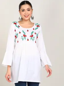 VAHSON Ethnic Motifs Embroidered Bell Sleeves Chikankari Pure Cotton A-Line Kurti