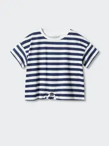Mango Kids Girls Horizontally Striped Drop-Shoulder Sleeves Pure Cotton T-shirt