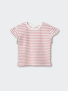 Mango Kids Girls Horizontally Striped Flutter Sleeves Pure Cotton T-shirt
