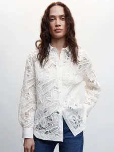 MANGO Women Guipure Lace Semi Sheer Casual Shirt