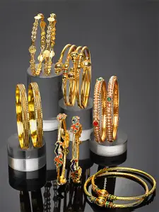 ZENEME Set Of 12 Gold-Plated Stone-Studded Brass Bangle