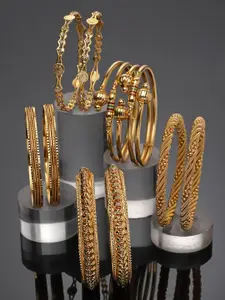 ZENEME Set Of 10 Gold-Plated Textured Bangles