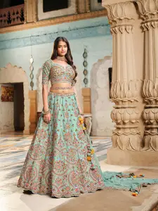 Inddus Blue & Pink Embroidered Thread Work Semi-Stitched Lehenga & Unstitched Blouse With Dupatta