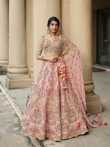 Inddus Pink Embroidered Thread Work Semi-Stitched Lehenga & Unstitched Blouse With Dupatta