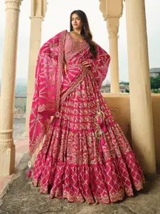 Inddus Pink Embroidered Semi-Stitched Lehenga & Unstitched Blouse With Dupatta