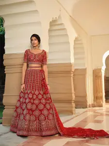 Inddus Maroon Embroidered Semi-Stitched Lehenga & Unstitched Blouse With Dupatta