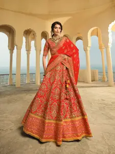 Inddus Red Embroidered Thread Work Semi-Stitched Lehenga & Unstitched Blouse With Dupatta