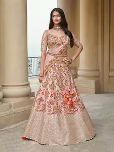 Inddus Pink & Red Embroidered Thread Work Semi-Stitched Lehenga & Unstitched Blouse With Dupatta