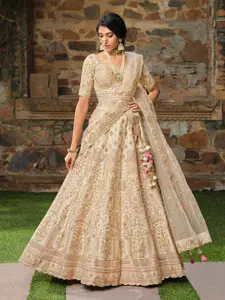 Inddus Off White & Pink Embroidered Thread Work Semi-Stitched Lehenga & Unstitched Blouse With Dupatta