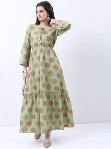 Vishudh Green Floral Print Bell Sleeve Maxi Dress