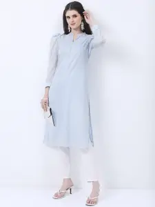 Vishudh Blue Floral Printed Puff Sleeves Straight Kurta