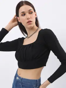 Tokyo Talkies Black Square Neck Ruched Blouson Crop Top