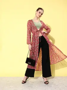 ANVI Be Yourself Women Printed Longline Tie-Up Shrug