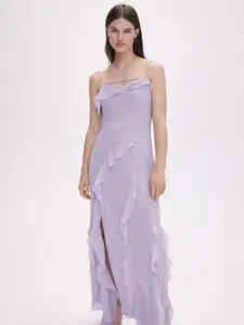 MANGO Shoulder Strap Side Slit Ruffled Maxi Dress