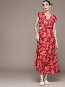 MANGO Floral Print Cut-Out Detail A-Line Midi Dress