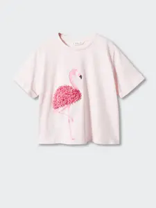 Mango Kids Girls Graphic Printed Pure Cotton Applique Detail T-shirt