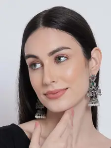 Sangria Pink & Green Silver-Plated Stone-Studded & Beaded Oxidized Jhumkas