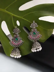 Sangria Pink & Green Silver-Plated Stone-Studded & Beaded Jhumkas
