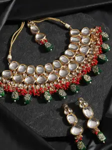 SOHI Gold-Plated Stone-Studded & Beaded Necklace & Earrings