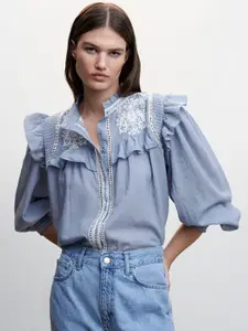 MANGO Embroidered Floral Opaque Casual Shirt