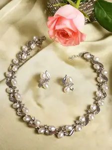 SOHI Silver-Plated Pearl-Studded Necklace & Earrings