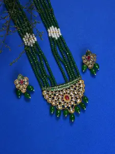 SOHI Gold-Plated Kundan-Studded & Beaded Necklace & Earrings