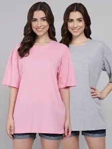 Funday Fashion Pack Of 2 Round Neck Drop-Shoulder Sleeves Oversized Cotton T-Shirt