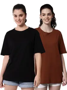 Funday Fashion Pack Of 2 Round Neck Drop-Shoulder Sleeves Oversized Cotton T-Shirt
