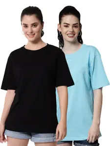 Funday Fashion Pack Of 2 Round Neck Drop-Shoulder Sleeves Oversized Cotton T-Shirt