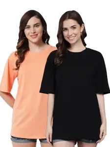 Funday Fashion Pack Of 2 Round Neck Drop-Shoulder Sleeves Oversized Cotton T-Shirt