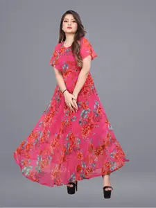 N N ENTERPRISE Floral Print Flared Sleeve Georgette Fit & Flare Maxi Dress