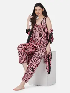 Romaisa 3 Pieces Abstract Printed Satin Night Suit With Robe