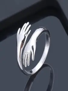 Silver Shine Silver-Plated Holding Hand Hug Adjustable Finger Ring