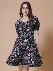 God Bless Floral Printed Sweetheart Neck Fit & Flare Ruched Dress