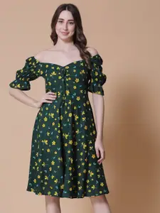 God Bless Floral Printed Sweetheart Neck Fit & Flare Ruched Dress
