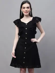 MARC LOUIS Flutter Sleeve Ruffled Fit & Flare Schiffli Dress